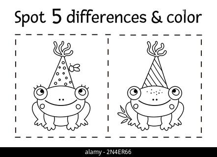 Fête d'anniversaire trouver des différences et jeu de couleurs pour les enfants. Anniversaire noir et blanc activité éducative avec grenouille drôle dans le chapeau de fête et la mouche. PR Illustration de Vecteur
