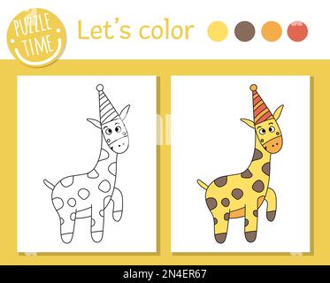 Page de coloriage d'anniversaire pour les enfants. Girafe drôle en chapeau de fête. Illustration vectorielle de vacances avec animal mignon. Livre de fête pour enfants avec Illustration de Vecteur