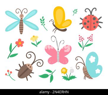 Pack d'icônes d'insectes plats et de premières fleurs Vector. Collection de jardin de printemps drôle. Jolie coccinelle, papillon, coléoptère, pissenlit illustration pour enfants isola Illustration de Vecteur