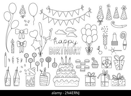 Ensemble de jolis éléments de motif d'anniversaire noir et blanc. Collection de fêtes à la clipart. Coffret de vacances Vector Outline avec cadeaux, gâteau avec chandelier Illustration de Vecteur