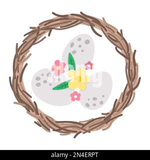 Élément décoratif rond de Pâques Vector. Une jolie composition lumineuse avec des œufs, des plantes et des feuilles. Icône couronne de ressort. Motif fleuri en forme de cercle des fêtes Illustration de Vecteur