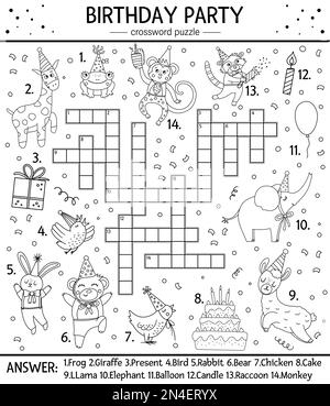 Puzzle noir et blanc d'anniversaire vectoriel pour les enfants. Quiz simple avec des objets de vacances et des animaux pour les enfants. Ligne pédagogique a Illustration de Vecteur