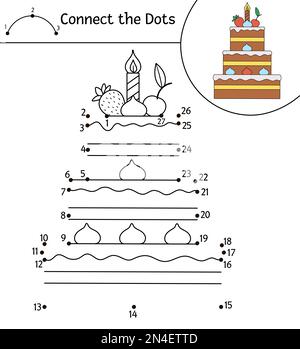 Vecteur anniversaire point-à-point et activité de couleur avec dessert. Fête de Noël connecter le jeu de points pour les enfants avec le gâteau et les bougies. pag à colorier amusant Illustration de Vecteur