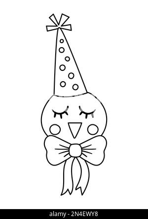 Vector mignon visage d'oiseau noir et blanc dans un chapeau de fête. Avatar animal contour anniversaire. Illustration amusante de la tête pour les enfants. Icône de la ligne de célébration Illustration de Vecteur