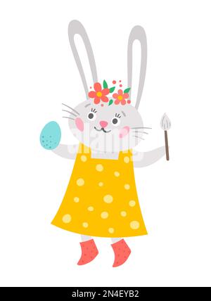 Icône lapin de Pâques vectoriel. Lapin fille en robe avec brosse et oeuf coloré isolé sur fond blanc. Illustration d'un animal mignon avec fleurs sur la tête Illustration de Vecteur