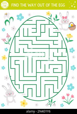 Labyrinthe de Pâques pour les enfants avec de mignons lapins en forme d'oeuf. Activité imprimable pour les fêtes de fin d'année. Jeu de jardin de printemps amusant ou puzzle avec animaux et flo Illustration de Vecteur