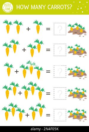 Jeu de comptage de Pâques avec carottes. Activités de vacances pour les enfants d'âge préscolaire avec thème de jardin. Fiche technique mathématique imprimable du printemps. Ajout pu Illustration de Vecteur