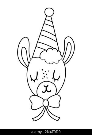Vector Cute noir et blanc lama face dans un chapeau de fête. Avatar animal contour anniversaire. Illustration amusante de la tête d'alpaga pour les enfants. Icône de la ligne de célébration Illustration de Vecteur