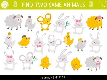 Trouvez deux animaux identiques. Activité de Pâques pour les enfants. Questionnaire logique amusant de printemps pour les enfants. Jeu imprimable simple avec coupe Illustration de Vecteur