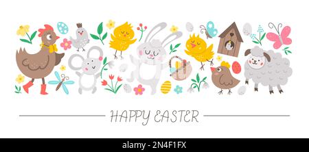Ensemble horizontal vectoriel avec caractères et éléments plats du jour de Pâques. Modèle de carte avec lapin, oeuf, animaux amusants, oiseaux, fleurs. Mignonne printemps h Illustration de Vecteur