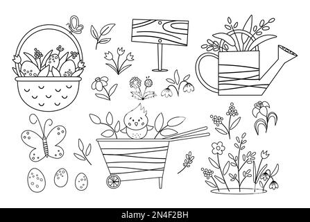 Ensemble de symboles de Pâques et de jardin noir et blanc à motif vectoriel. Brouette à roues, arrosoir, œufs, premières fleurs et page de coloriage des plantes. Contour de la retenue du ressort Illustration de Vecteur