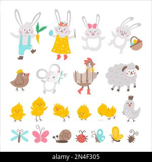 Jeu de caractères de Pâques vectoriels. Collection d'oiseaux et d'insectes de printemps. Pack de symboles animaux mignons pour enfants. Drôle de famille de lapin, poussins, poule, mouton, papillon Illustration de Vecteur