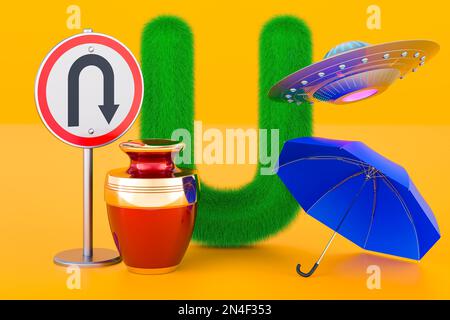 Lettre U moelleuse avec parapluie, OVNI, panneau de tour U, urne. Kids ABC, rendu 3D sur fond orange Banque D'Images