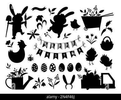 Ensemble de silhouettes de Pâques vectorielles. Emballage vectoriel avec mignon lapin, œufs, oiseau, poussins, panier ombres noires. Printemps illustration drôle. Adorable icône de vacances Illustration de Vecteur