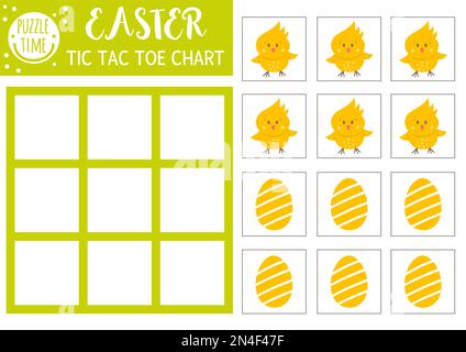 Graphique de pied vector Easter TIC tac avec poulet et œuf mignons. Terrain de jeu de plateau de vacances avec personnage traditionnel. Drôle de travail imprimable de printemps Illustration de Vecteur