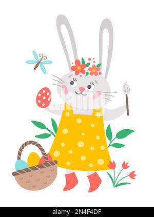 Icône lapin de Pâques vectoriel. Lapin fille en robe avec brosse, oeuf coloré, panier, libellule isolé sur fond blanc. Modèle de carte de vœux avec Illustration de Vecteur