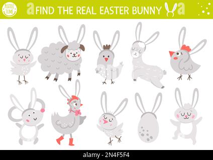 Trouvez le vrai lapin. Activité de Pâques pour les enfants. Questionnaire logique amusant de printemps pour les enfants. Simple jeu imprimable avec mignon anim Illustration de Vecteur