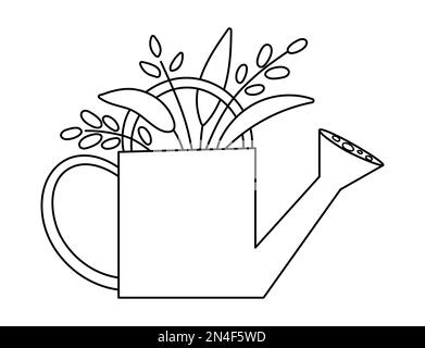 Arrosoir Vector mignon noir et blanc avec icône de plantes isolée sur fond blanc. Illustration de l'outil jardin de printemps. Équipement de jardinage drôle Illustration de Vecteur