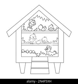 Vecteur noir et blanc mignon roost icône avec des poussins à couver et la poule à l'intérieur. Illustration de perches pour enfants. Ferme ou jardin oiseaux maison isolée o Illustration de Vecteur