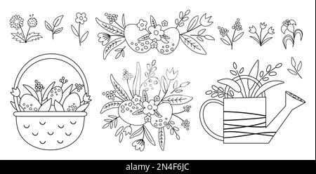 Vecteur noir et blanc joli jardin et Pâques icônes pack ou page de coloriage. Outline Wheel barrow, arrosoir, oeufs, fleurs et plantes. Jardin de printemps Illustration de Vecteur