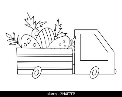 Vecteur noir et blanc Pâques contour icône camion avec oeufs et carottes. Voiture avec cadeaux de vacances isolés sur fond blanc. Adorable petit printemps Illustration de Vecteur