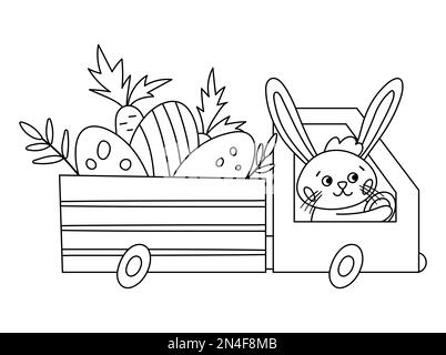 Vecteur noir et blanc Pâques contour icône camion avec oeufs et carottes. Lapin conduisant une voiture avec des cadeaux de vacances isolés sur fond blanc. Mignon un Illustration de Vecteur