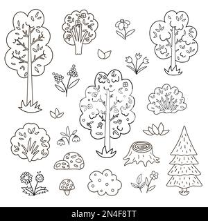 Ensemble noir et blanc vectoriel avec arbres de jardin ou de forêt, plantes, arbustes, buissons, fleurs. Décrivez les forêts de printemps ou l'illustration de la ferme. Natural Line dr Illustration de Vecteur