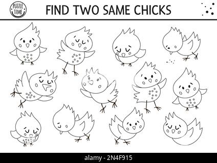 Trouvez deux poussins identiques. Activité de Pâques assortie en noir et blanc pour les enfants. Questionnaire logique amusant de printemps pour les enfants. Simple printabl Illustration de Vecteur