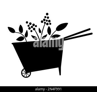 Icône de silhouette de brouette à volant mignon Vector isolée sur fond blanc. Illustration de l'outil de jardin à ressort plat. Drôle équipement de jardinage image pour enfant Illustration de Vecteur