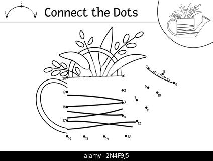 Vecteur Pâques point-à-point et couleur activité avec cute arrosoir avec des plantes. Vacances de printemps connecter le jeu de points pour les enfants avec le sym traditionnel Illustration de Vecteur