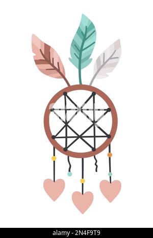 Vecteur boho dreamcatcher avec pendentifs et plumes. Icône bohémien isolée sur fond blanc. Illustration céleste ornée. Illustration de Vecteur