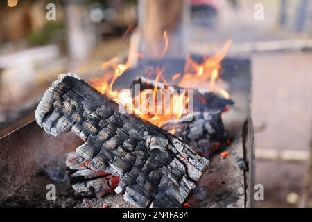 Gros plan du barbecue avec bois de chauffage. Banque D'Images