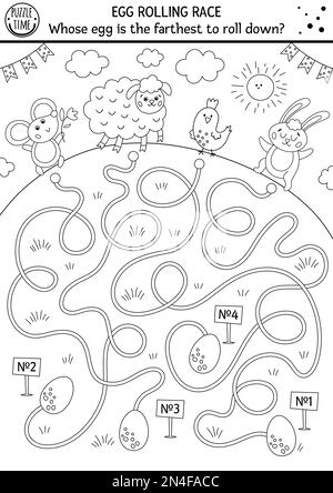 Labyrinthe de course à roulettes blanc et noir d'œuf. Labyrinthe de Pâques pour les enfants. Programme des fêtes de fin d'année pour l'éducation préscolaire. Jeu de printemps drôle ou c Illustration de Vecteur