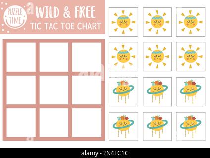 Graphique vectoriel de la pointe du tac sauvage et libre avec une planète et un soleil mignons. Ethnie nature jeu de société avec. Feuille de travail amusante et imprimable pour les enfants. Nouvel Illustration de Vecteur