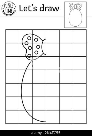 Complétez la photo de l'œuf. Feuille de travail pratique de dessin de Pâques vectoriel. Activité de printemps en noir et blanc imprimable pour les enfants d'âge préscolaire. Copiez le pictur Illustration de Vecteur