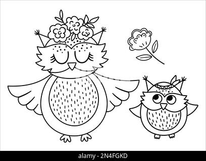 Hibou noir et blanc vectoriel avec parent. Scène drôle d'oiseau bohème de style boisé montrant l'amour de la famille. Illustration boho mignonne pour carte, imprimé, sta Illustration de Vecteur