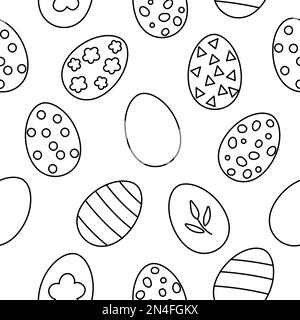 Motif vectoriel d'oeufs noirs et blancs de Pâques sans couture. Contour de ressort répétant l'arrière-plan avec des éléments décoratifs. Papier numérique traditionnel pour les fêtes Illustration de Vecteur