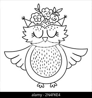 Hibou noir et blanc vectoriel avec ailes étalées et fleurs sur la tête. Icône représentant une ligne d'oiseaux bohème isolée sur fond blanc. Doux Illustration de Vecteur