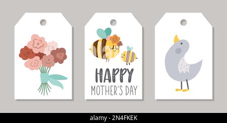 Ensemble mignon de mamans jour prix étiquettes modèles avec bébé mignon et mère bumblebee, gosling, bouquet de fleurs. Cartes de vacances vectorielles. Badge magasin ou Illustration de Vecteur