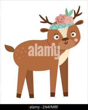 Cerf à la main avec fleurs sur la tête. Adorable animal bohème de style boisé, icône isolée sur fond blanc. Illustration de la forêt de boho doux Illustration de Vecteur