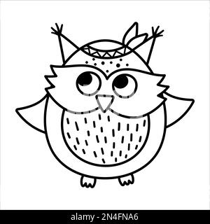 Hibou noir et blanc vectoriel dessiné à la main. Icône en forme de petit oiseau de bois mignon isolée sur fond blanc. Illustration ou colori de forêt de boho doux Illustration de Vecteur