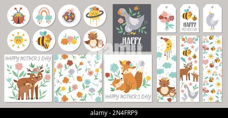 Ensemble mignon de cartes de fête des mères avec de jolis animaux de forêt et des parents. Modèles d'impression vectoriels carrés, ronds, horizontaux et verticaux. Vacances Desi Illustration de Vecteur