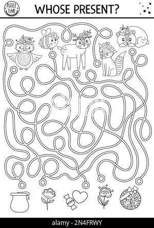 Labyrinthe noir et blanc de fête des mères pour les enfants. Activité imprimable pour les fêtes de fin d'année. Jeu de ligne d'amour de famille drôle ou puzzle avec les animaux mignons et les cadeaux Illustration de Vecteur