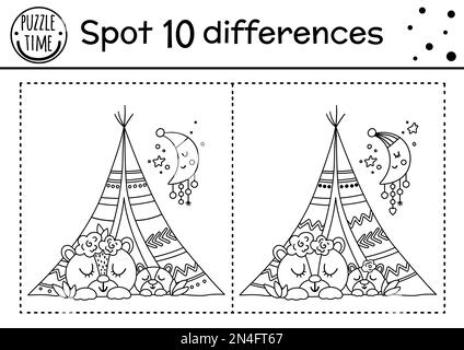Jour des mères trouver des différences jeu pour les enfants avec des animaux mignons. Page d'activité et de coloriage de Noël en noir et blanc avec bébé ours et mère en peluche Illustration de Vecteur