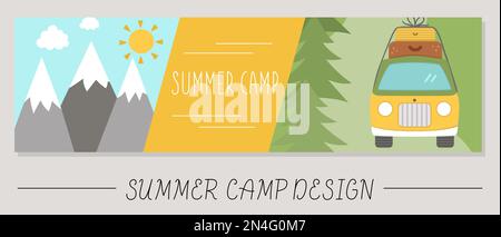 Jolie carte horizontale de camp d'été avec minibus avec valises sur le dessus, forêt, montagnes. Modèle d'impression de voyage aventure vectoriel. Des vacances actives ou locales Illustration de Vecteur