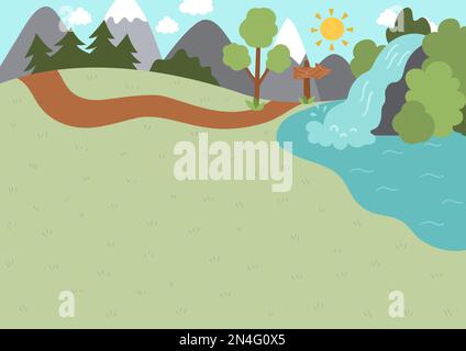 Arrière-plan du camp d'été. Nature paysage vide avec montagnes, arbre, chemin, forêt, cascade et panneau de direction en bois. Scène de forêt vectorielle. Actif Illustration de Vecteur