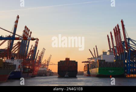 Hambourg, Allemagne. 08th févr. 2023. Le navire à conteneurs Al Jmeliyah de la ligne de transport Hapag-Lloyd quitte le Waltershofer Hafen entre les terminaux à conteneurs Burchardkai (CTA) de HHLA (Hamburger Hafen und Logistik AG) et Eurogate (l). Credit: Christian Charisius/dpa/Alay Live News Banque D'Images