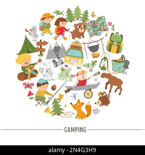 Cadre rond vectoriel avec animaux de la forêt dessinée mignons, éléments et enfants faisant des activités de camp d'été. Modèle de carte avec enfants pendant les vacances pour Illustration de Vecteur