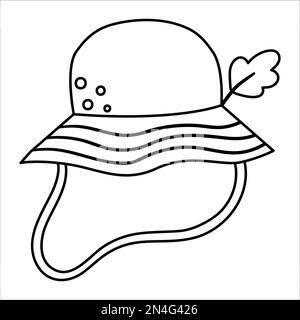 Illustration vectorielle de chapeau panama noir et blanc d'été. Icône en forme de chapeau avec feuille de chêne. Ensemble de tête de randonnée ou de camping isolé sur fond blanc. Contour de la CLO Illustration de Vecteur