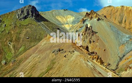 Gros plan de montagnes riolites colorées et sauvages, ciel bleu d'été - Landmannalaugar, Islande Banque D'Images